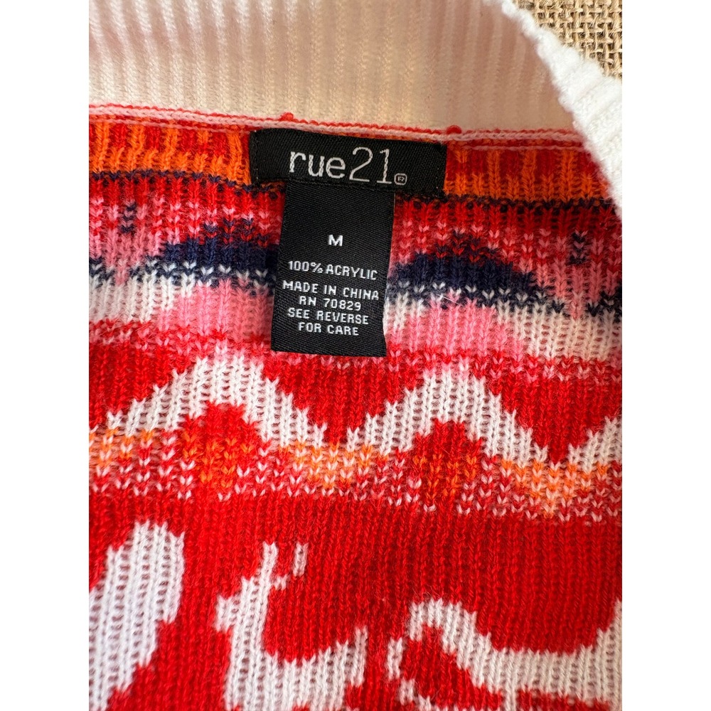 Festive Womens Christmas Cardigan Sweater Red Fair Isle Reindeer Scalloped Hem M - Picture 2 of 5